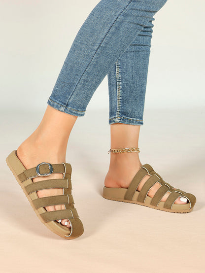 Camel Suede Woven Cage Slides with Silver-Tone Buckle Detail