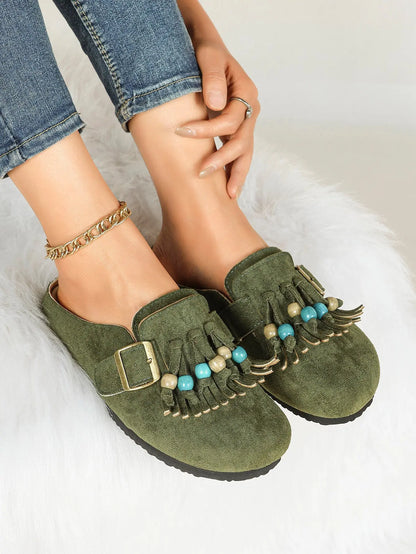 Dark Green Suede Tassel & Turquoise Bead Buckle Boston Clogs – Women's Boho Closed Toe Mule YISHIFAN