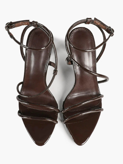 Cognac Multi-Strap Square Toe Stiletto Sandals – Women’s Tubular Toe Strap Ankle Strap Heels YISHIFAN