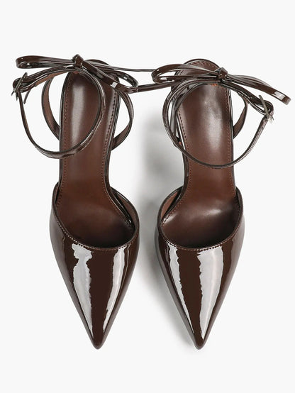 Black Patent D’Orsay Bow Ankle Strap Stiletto Heels – Women’s Pointed Toe High Heels YISHIFAN