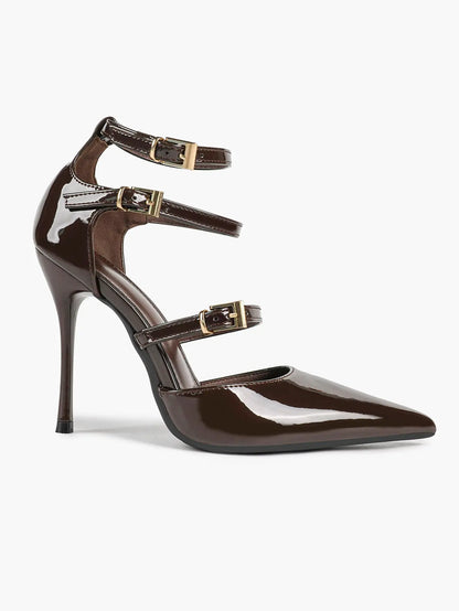 Cream Triple Ankle Strap Stiletto Pumps – Women’s Pointed Toe Cage Heel High Heels YISHIFAN
