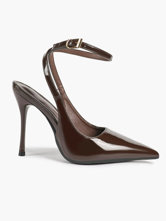 Wine Red Crinkle PU D’Orsay Ankle Strap Stiletto Slingback – Women’s Pointed Toe High Heels YISHIFAN