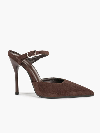 Women's Suede Pointed Toe D'Orsay Pumps Ankle Strap Stiletto High Heels with Buckle YISHIFAN
