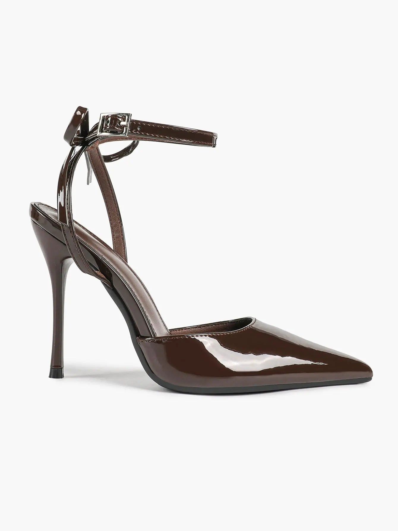 Black Patent D’Orsay Bow Ankle Strap Stiletto Heels – Women’s Pointed Toe High Heels YISHIFAN