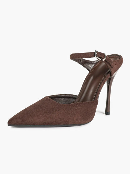 Women's Suede Pointed Toe D'Orsay Pumps Ankle Strap Stiletto High Heels with Buckle YISHIFAN