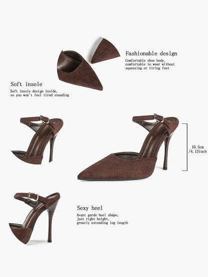 Women's Suede Pointed Toe D'Orsay Pumps Ankle Strap Stiletto High Heels with Buckle YISHIFAN