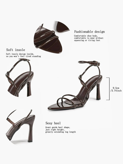 Cognac Multi-Strap Square Toe Stiletto Sandals – Women’s Tubular Toe Strap Ankle Strap Heels YISHIFAN