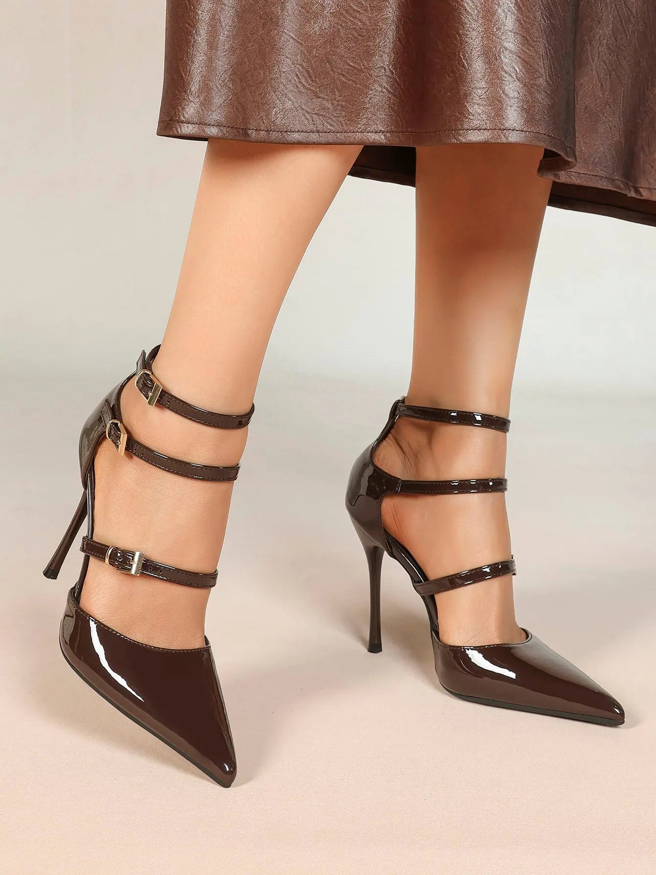 Cream Triple Ankle Strap Stiletto Pumps – Women’s Pointed Toe Cage Heel High Heels YISHIFAN