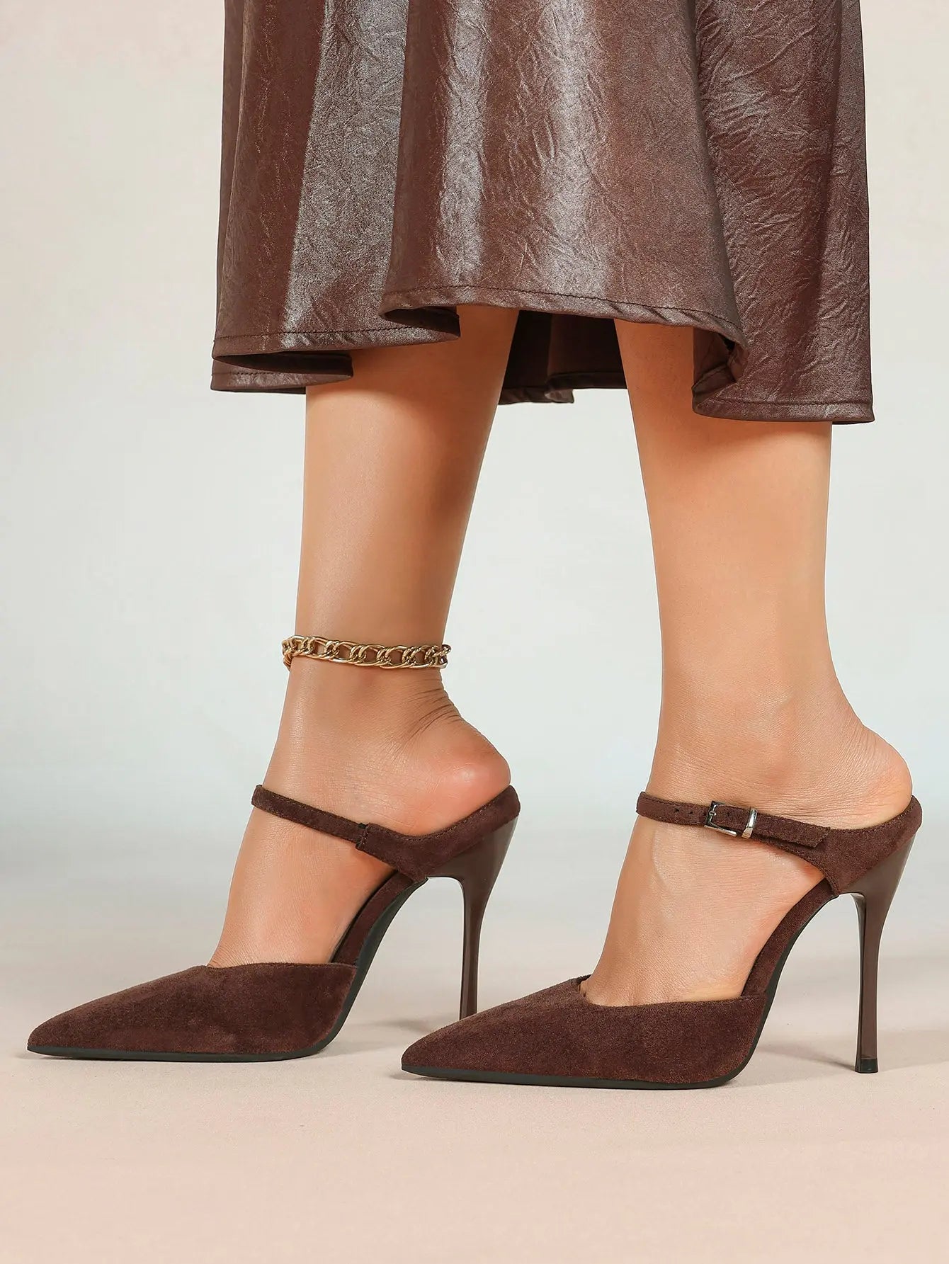 Women's Suede Pointed Toe D'Orsay Pumps Ankle Strap Stiletto High Heels with Buckle YISHIFAN