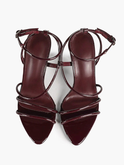 Cognac Multi-Strap Square Toe Stiletto Sandals – Women’s Tubular Toe Strap Ankle Strap Heels YISHIFAN