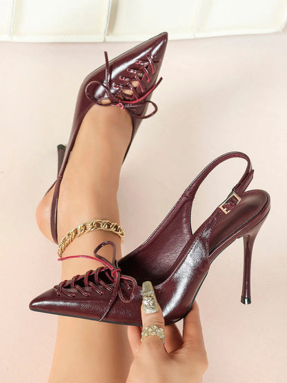 Cognac Lace-Up Oxford Pumps | 10.5cm Stiletto Heel, Chain Ankle Strap YISHIFAN