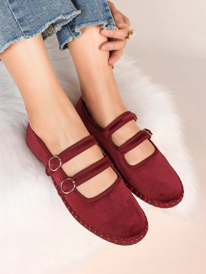 Women's Pink Suede Ballet Flats with Double Gold Buckle Cloud Comfort Insole for Casual Chic Everyday Shoes YISHIFAN