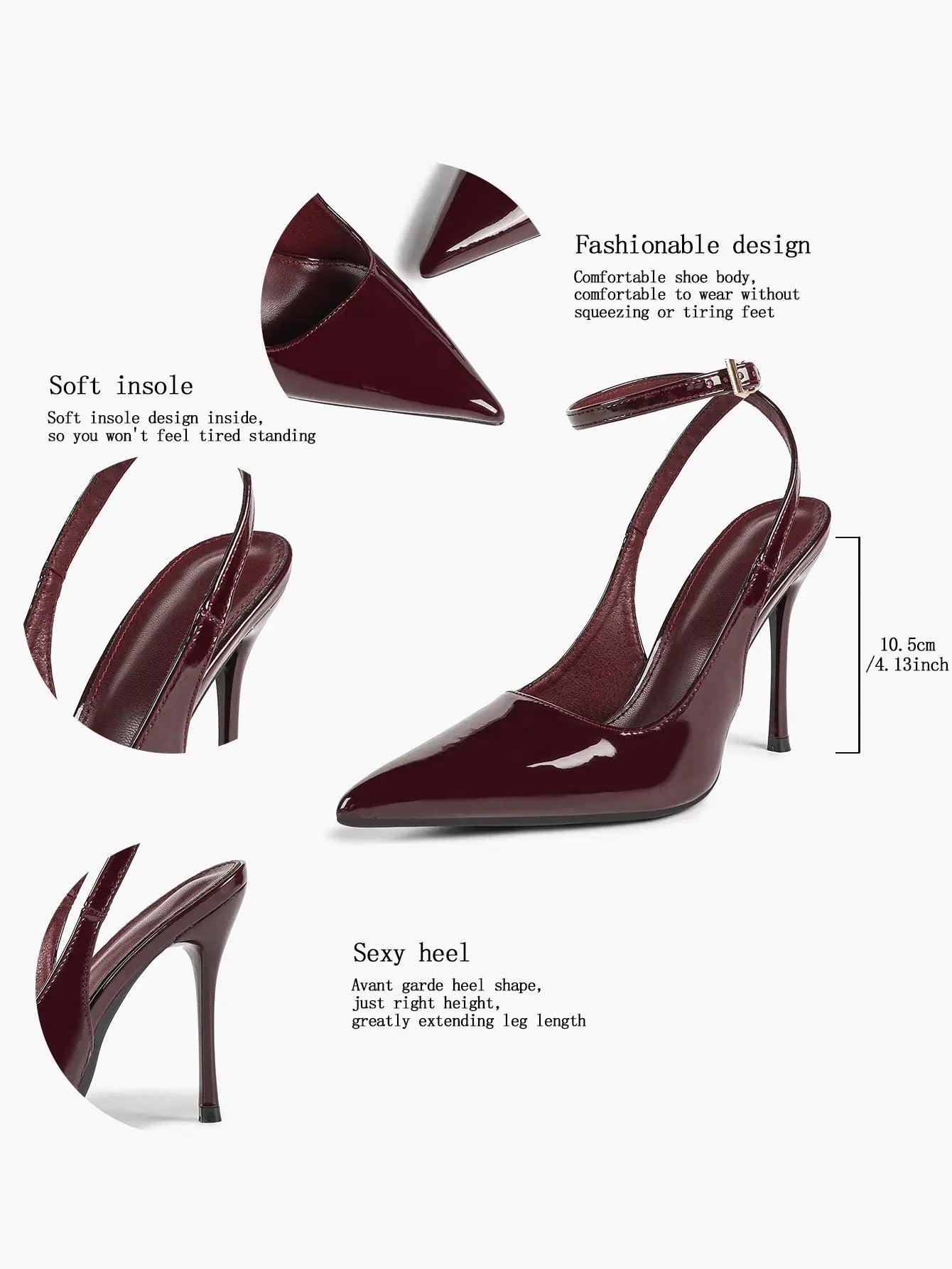 Wine Red Crinkle PU D’Orsay Ankle Strap Stiletto Slingback – Women’s Pointed Toe High Heels YISHIFAN