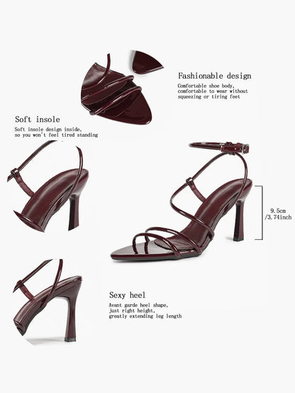 Cognac Multi-Strap Square Toe Stiletto Sandals – Women’s Tubular Toe Strap Ankle Strap Heels YISHIFAN