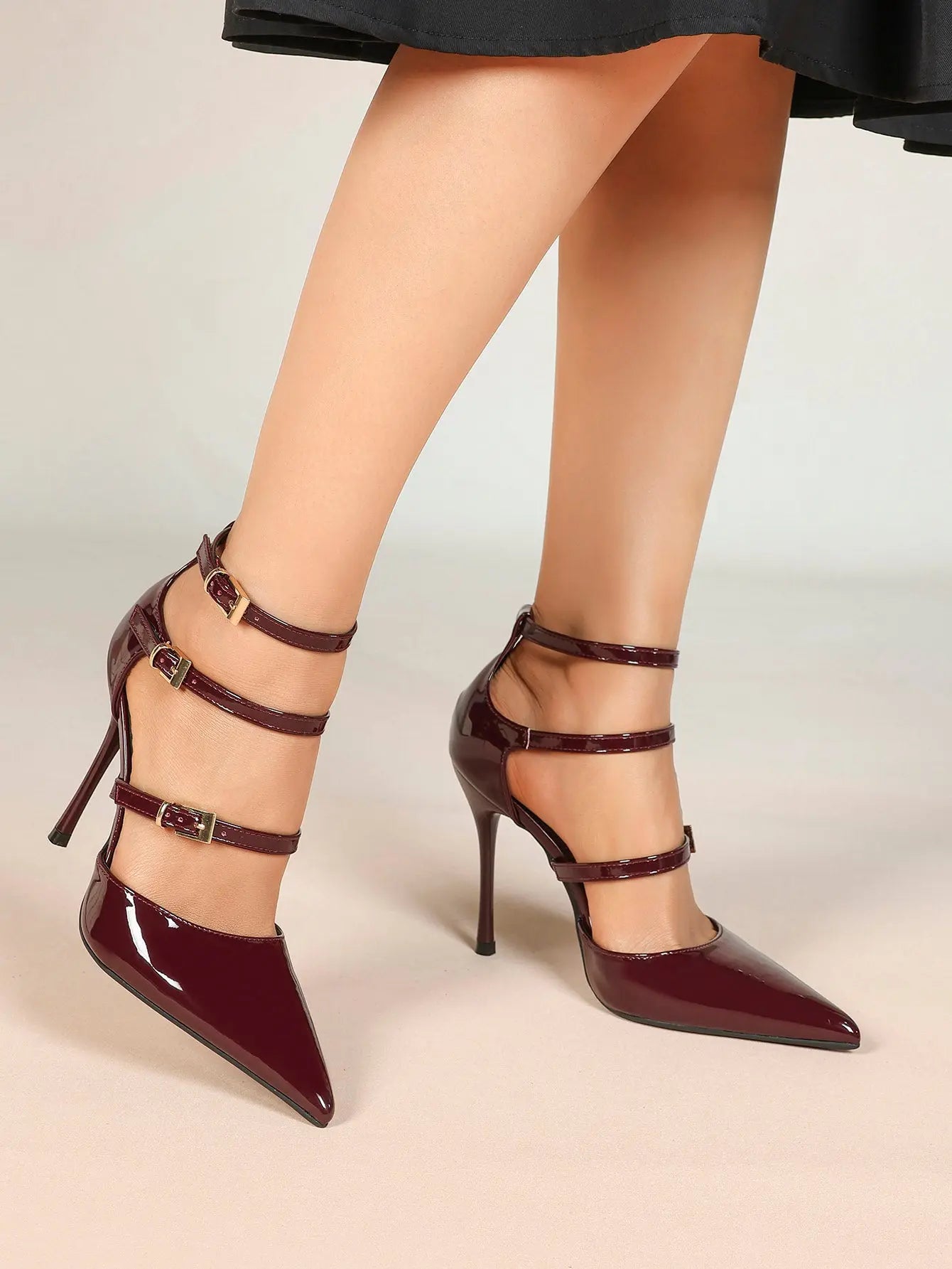 Cream Triple Ankle Strap Stiletto Pumps – Women’s Pointed Toe Cage Heel High Heels YISHIFAN
