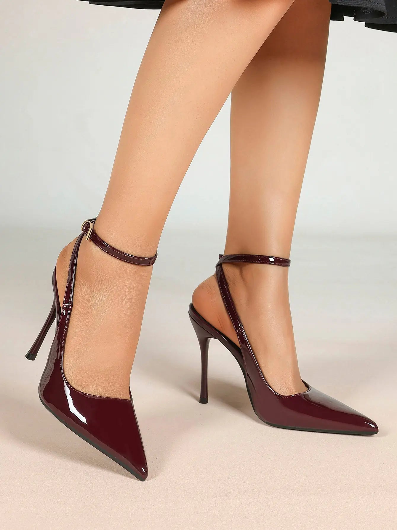 Wine Red Crinkle PU D’Orsay Ankle Strap Stiletto Slingback – Women’s Pointed Toe High Heels YISHIFAN