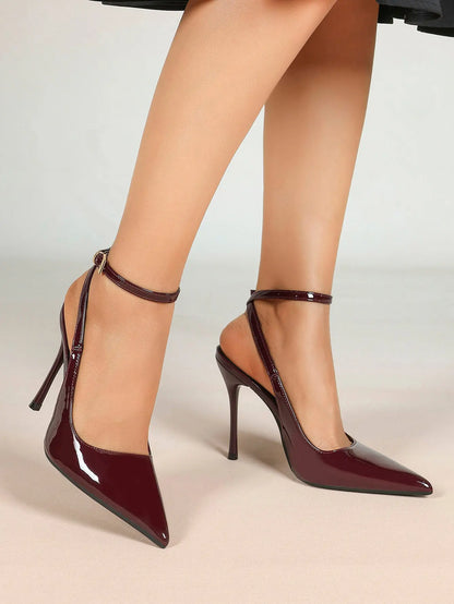 Wine Red Crinkle PU D’Orsay Ankle Strap Stiletto Slingback – Women’s Pointed Toe High Heels YISHIFAN
