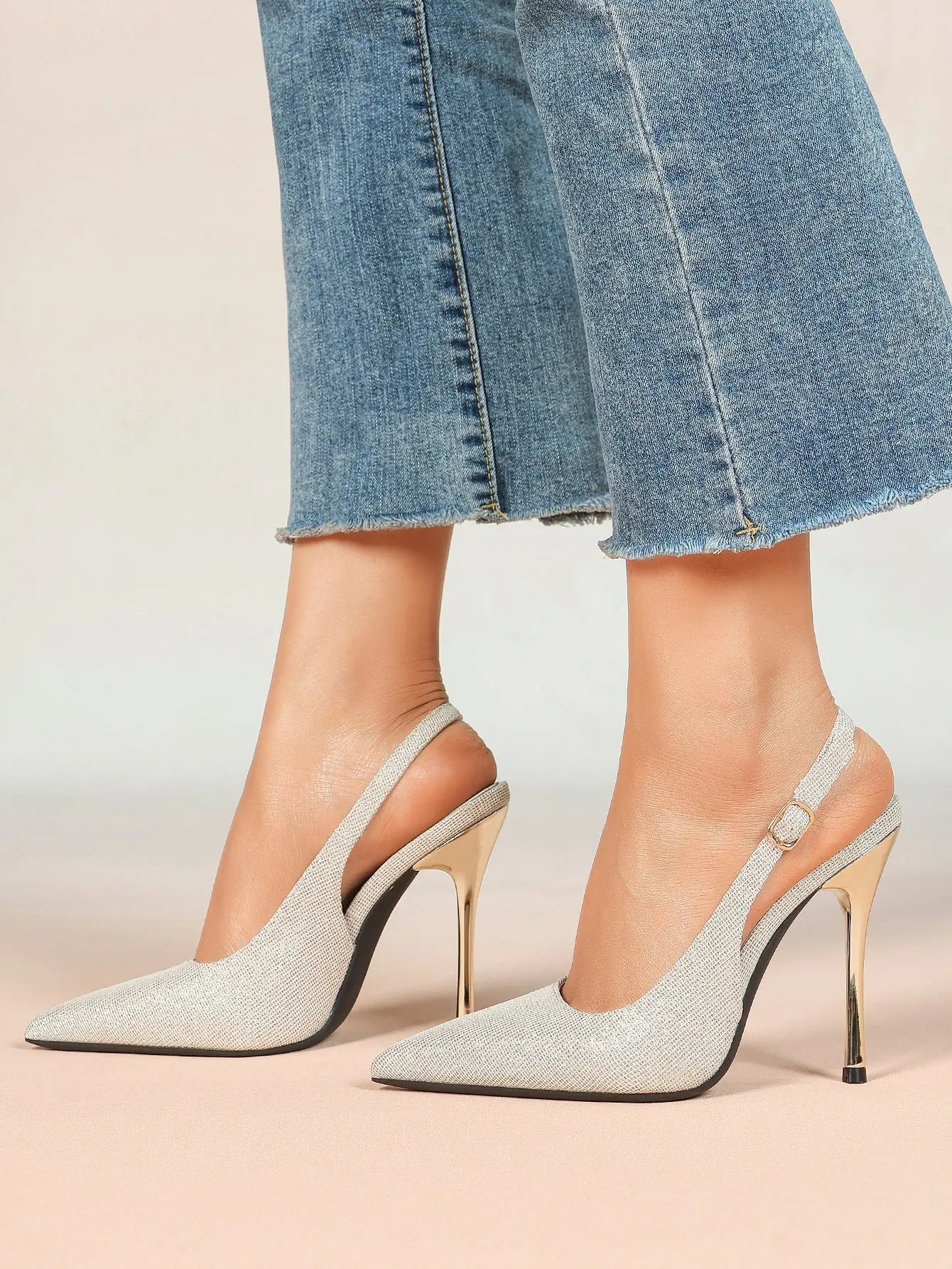 Women's Metallic Slingback Stiletto Pointed Toe with 4.13 Inch heel for Wedding Party Shoes YISHIFAN