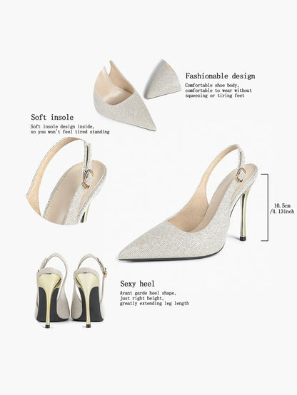 Women's Metallic Slingback Stiletto Pointed Toe with 4.13 Inch heel for Wedding Party Shoes YISHIFAN
