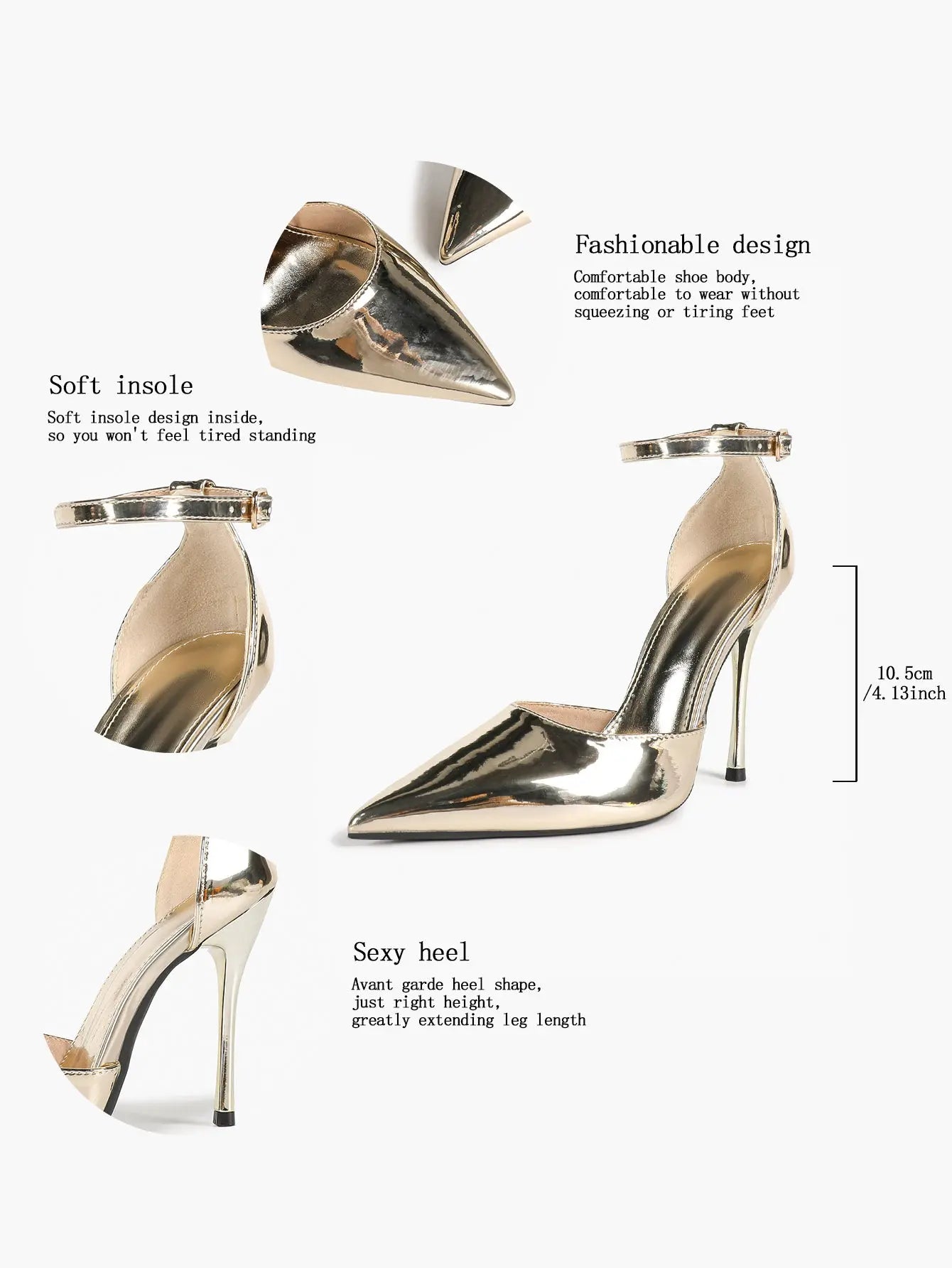 Metallic Gold Pointed Toe Stiletto Heels Ankle Strap Slingback Pumps Dress Shoes YISHIFAN