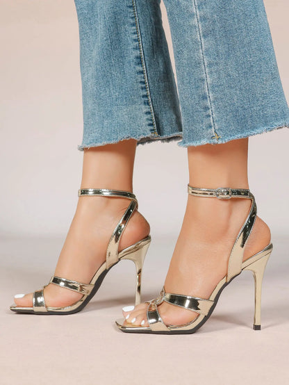 Women's Gold Leather Cross Strap Stiletto Heels 4.13 Inch Square Toe Ankle Strap Sandals YISHIFAN