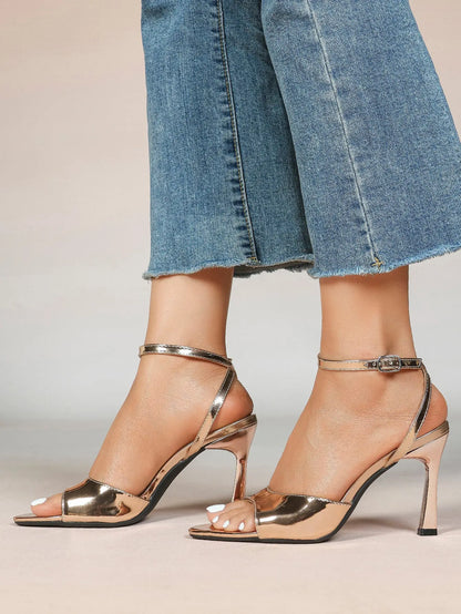 Women's Metallic Gloss Opened Pointed Toe Ankle Strap Stiletto Sandals Avant-Garde Heel for Party Casual YISHIFAN