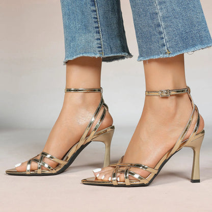 Leather Stiletto Heels for Women Open Pointed Toe Cross Ankle Strap Sandals for Wedding Party YISHIFAN
