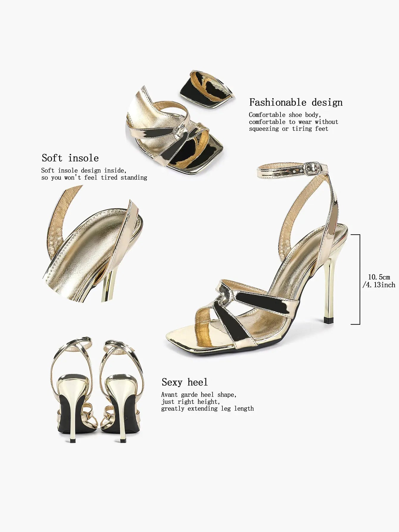Women's Gold Leather Cross Strap Stiletto Heels 4.13 Inch Square Toe Ankle Strap Sandals YISHIFAN