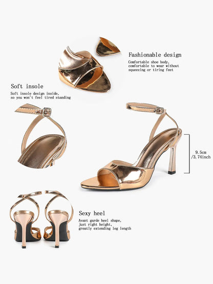 Women's Metallic Gloss Opened Pointed Toe Ankle Strap Stiletto Sandals Avant-Garde Heel for Party Casual YISHIFAN