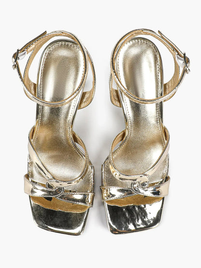 Women's Gold Leather Cross Strap Stiletto Heels 4.13 Inch Square Toe Ankle Strap Sandals YISHIFAN