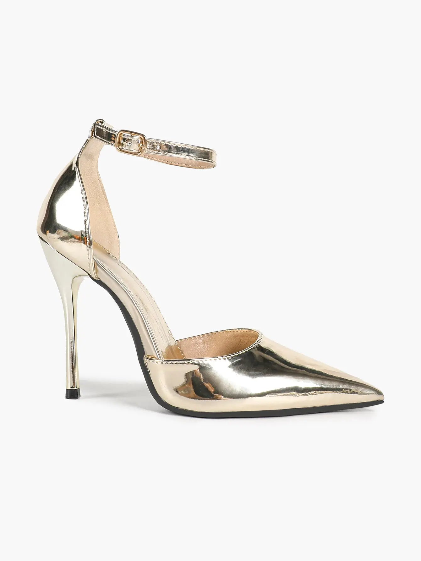 Metallic Gold Pointed Toe Stiletto Heels Ankle Strap Slingback Pumps Dress Shoes YISHIFAN