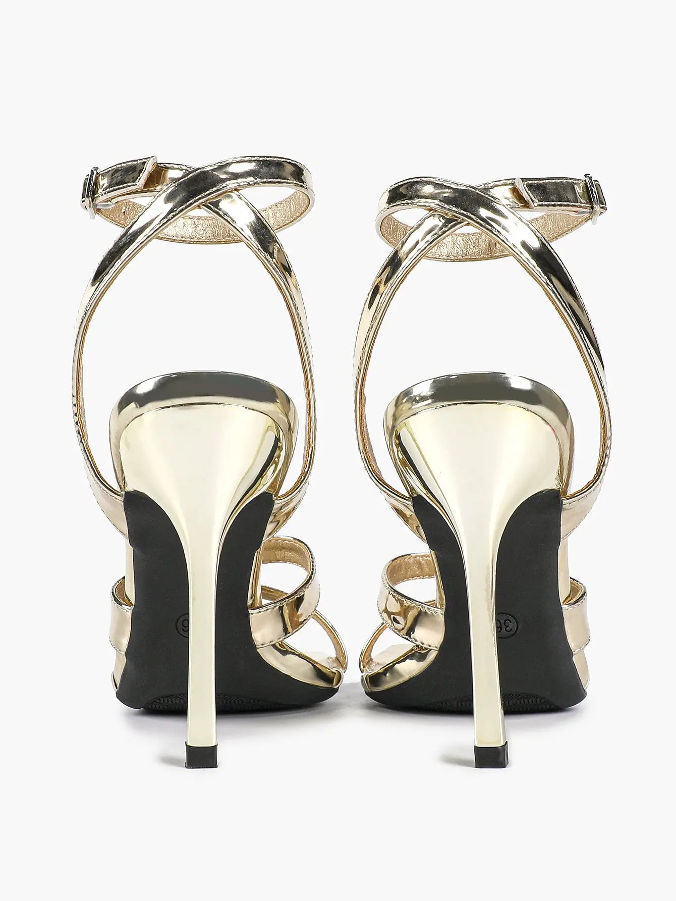 Women's Gold Leather Cross Strap Stiletto Heels 4.13 Inch Square Toe Ankle Strap Sandals YISHIFAN