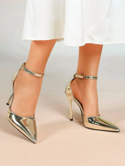 Metallic Gold Pointed Toe Stiletto Heels Ankle Strap Slingback Pumps Dress Shoes YISHIFAN