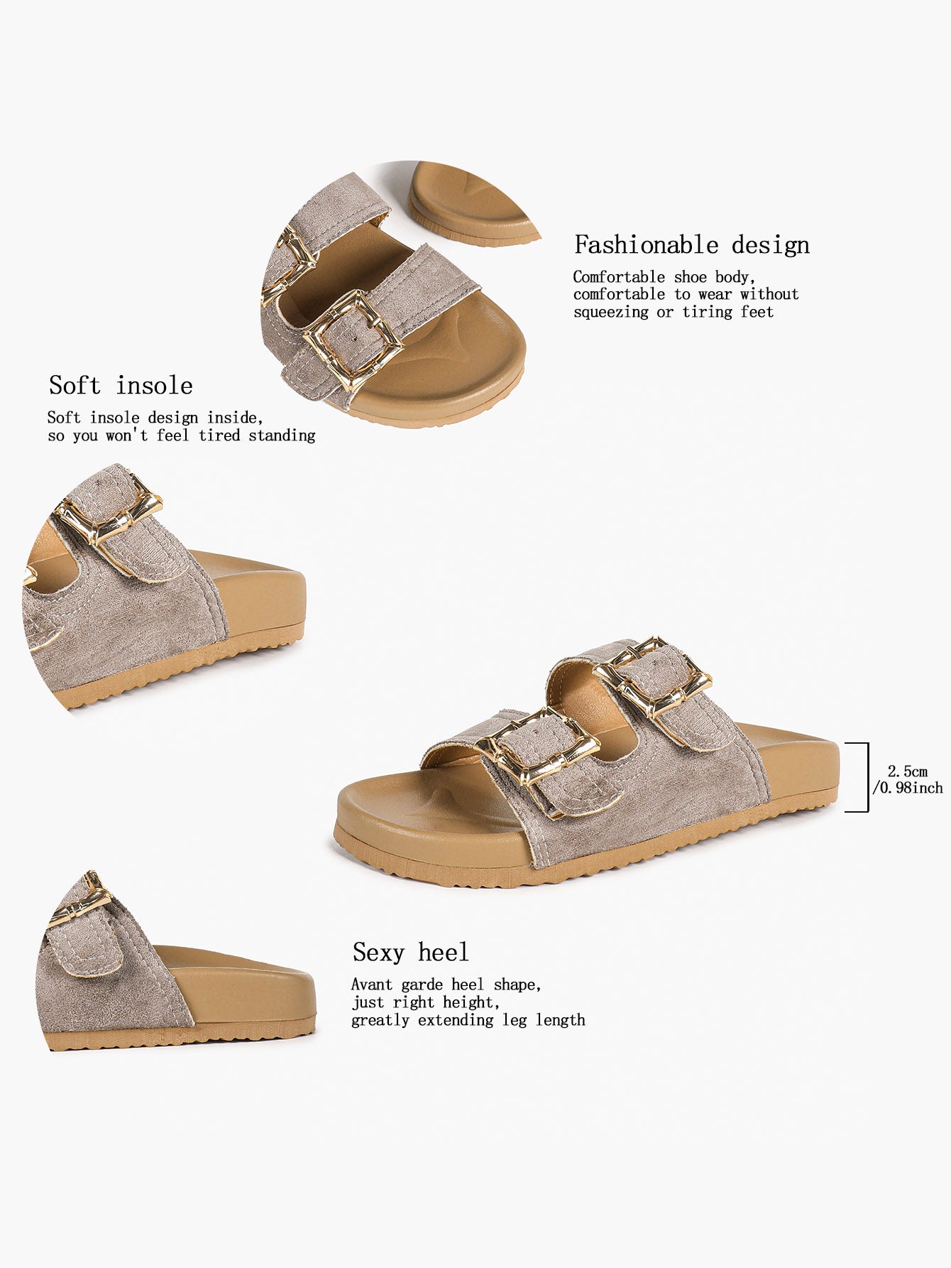 Taupe Suede Two-Strap Comfort Sandals with Gold Buckles