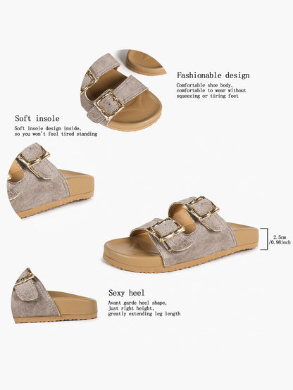 Taupe Suede Two-Strap Comfort Sandals with Gold Buckles