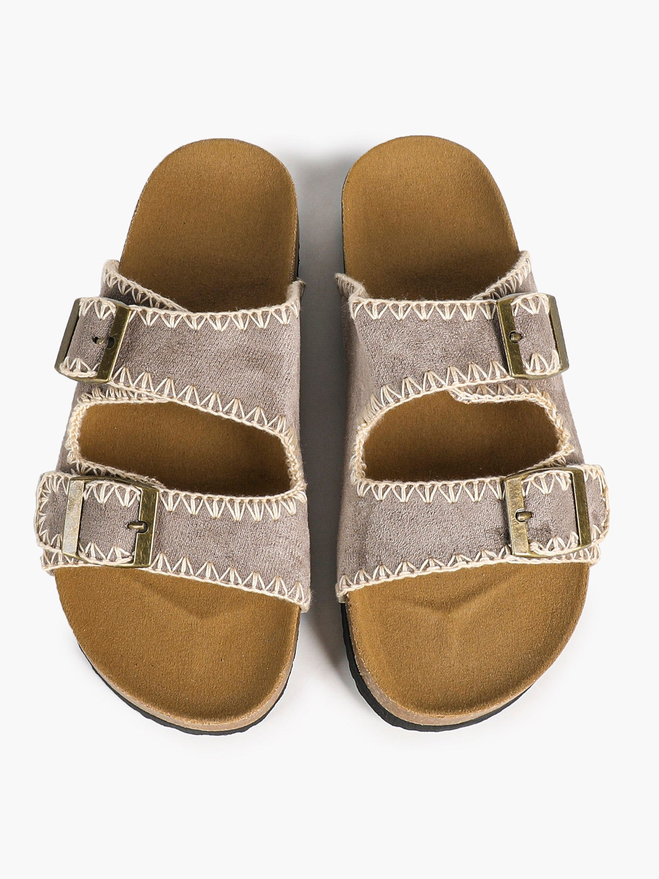 Taupe Suede-Effect Slides with Whipstitch Trim and Gold-Tone Buckles