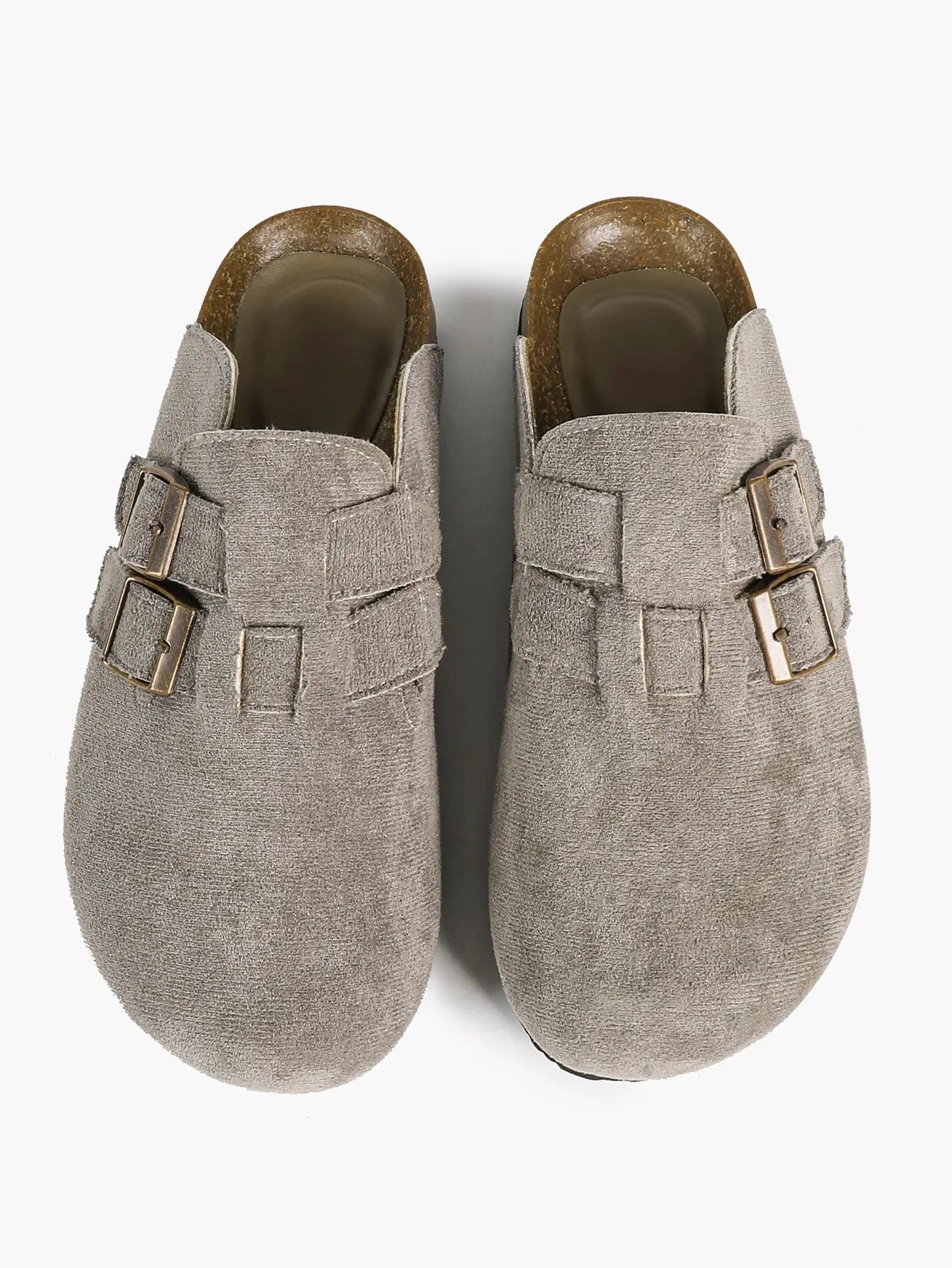 Gray Suede Double Buckle Boston Clogs  Closed Toe Cork Mule with Bronze Hardware YISHIFAN