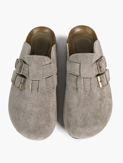 Gray Suede Double Buckle Boston Clogs  Closed Toe Cork Mule with Bronze Hardware YISHIFAN