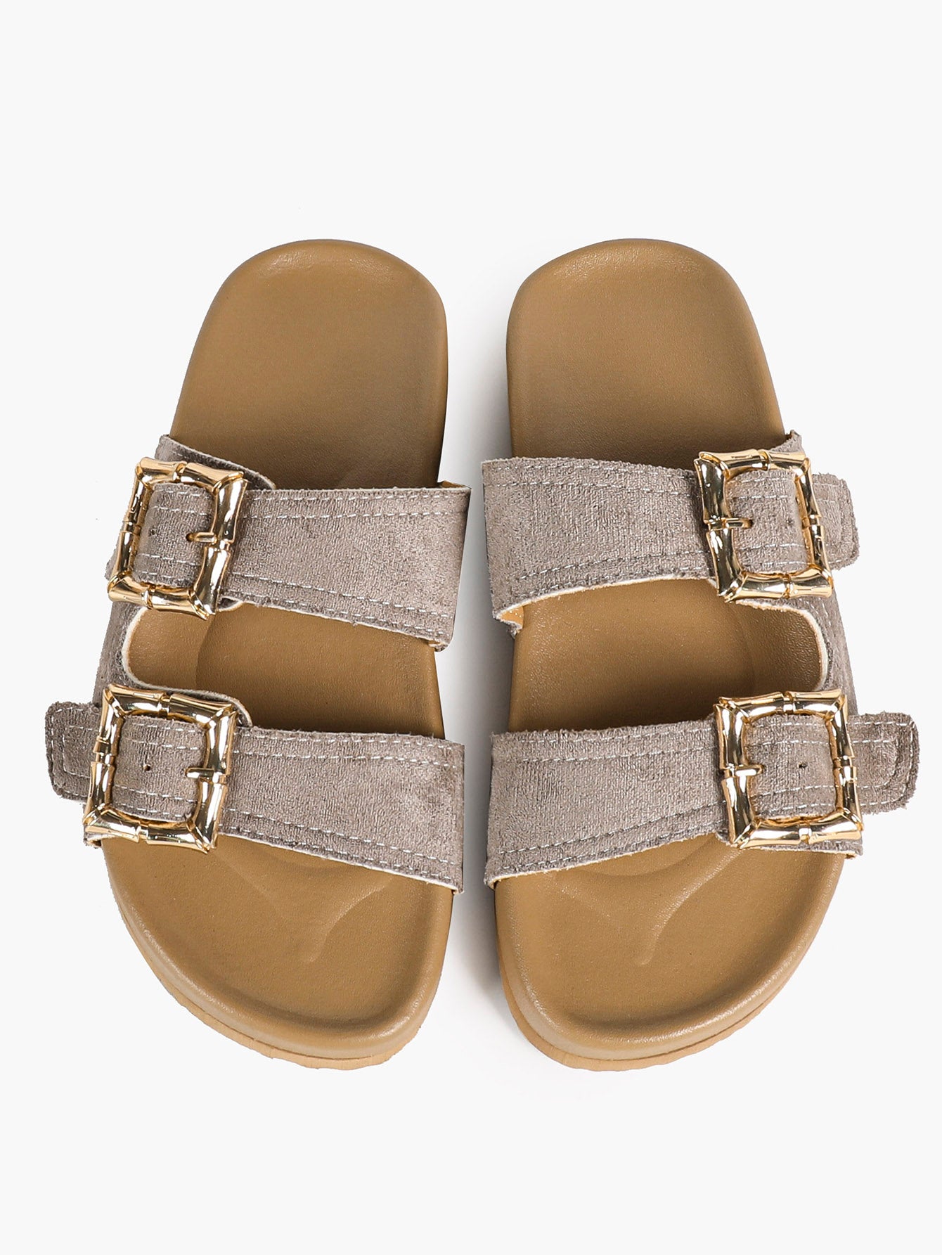 Taupe Suede Two-Strap Comfort Sandals with Gold Buckles