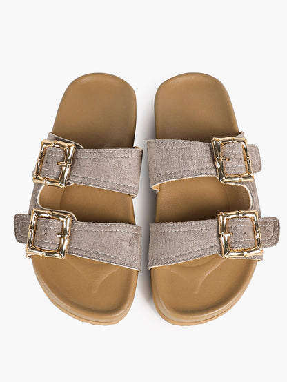 Taupe Suede Two-Strap Comfort Sandals with Gold Buckles