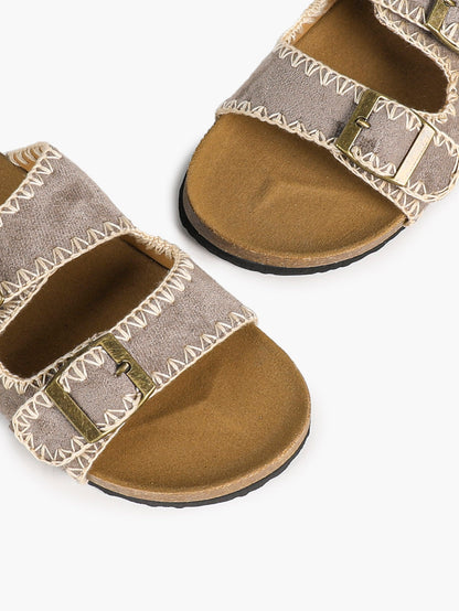 Taupe Suede-Effect Slides with Whipstitch Trim and Gold-Tone Buckles