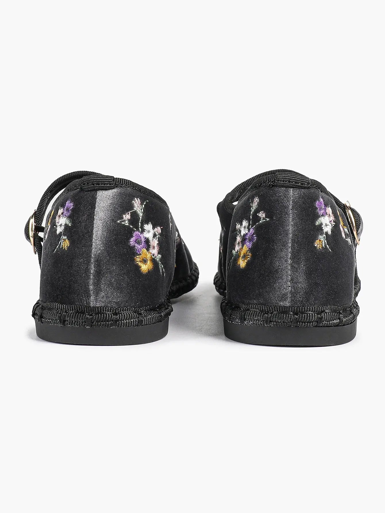 Floral Embroidered Mary Jane Flats:Black Velvet Elegance, Metallic Buckle & All-Day Comfort YISHIFAN
