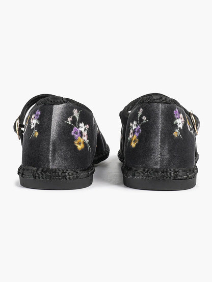 Floral Embroidered Mary Jane Flats:Black Velvet Elegance, Metallic Buckle & All-Day Comfort YISHIFAN