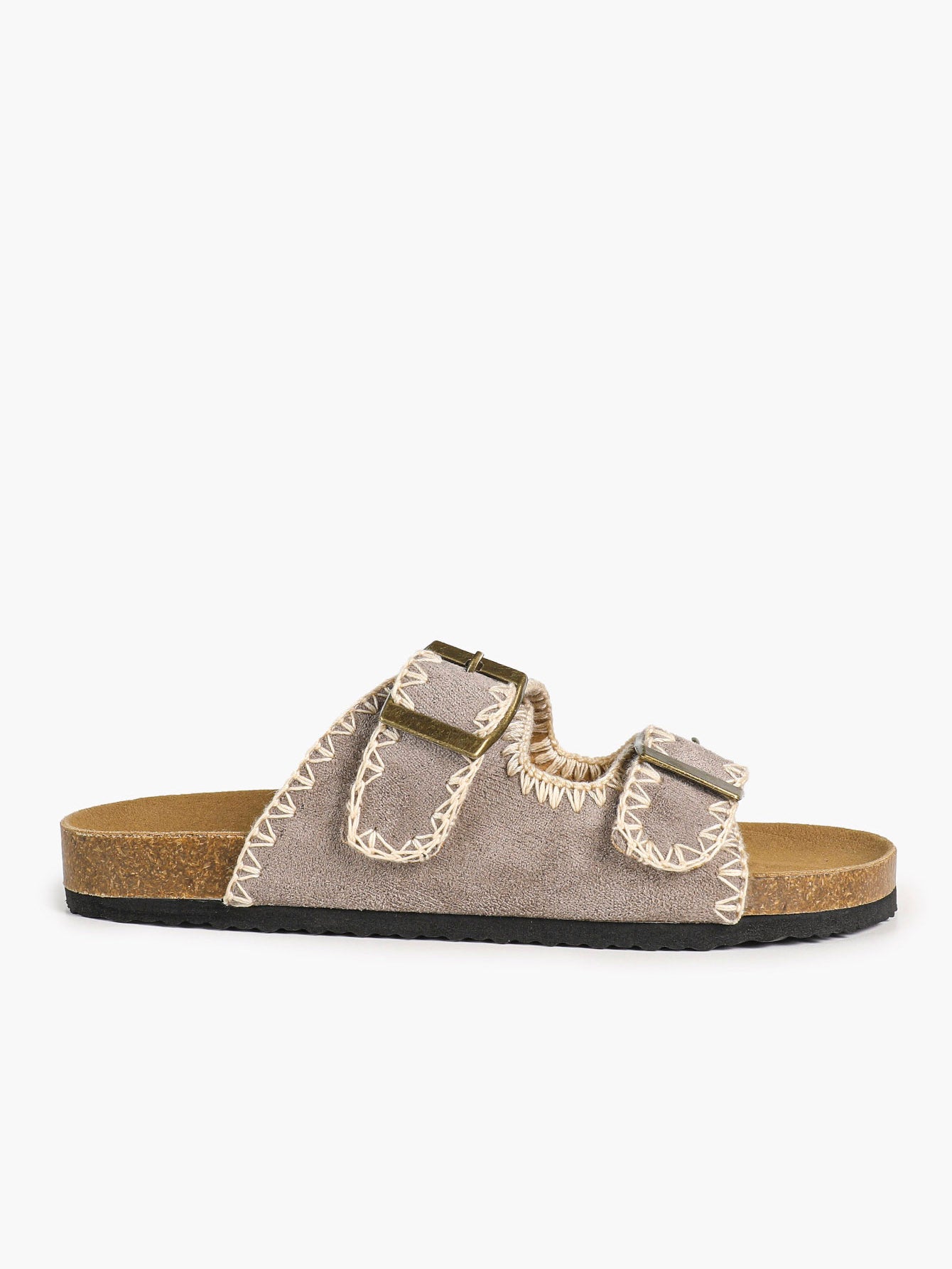 Taupe Suede-Effect Slides with Whipstitch Trim and Gold-Tone Buckles