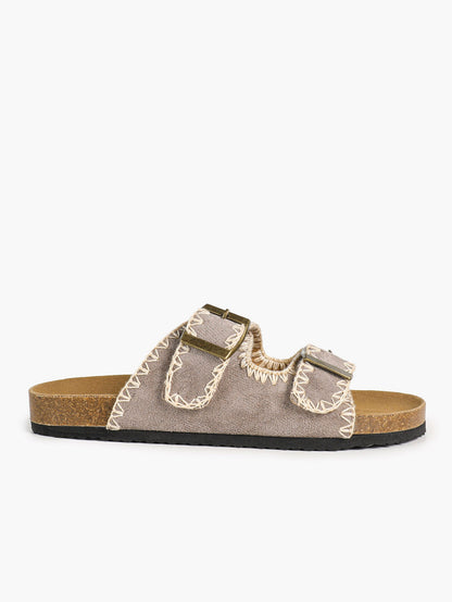 Taupe Suede-Effect Slides with Whipstitch Trim and Gold-Tone Buckles