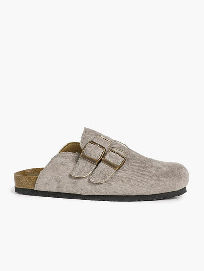 Gray Suede Double Buckle Boston Clogs  Closed Toe Cork Mule with Bronze Hardware YISHIFAN