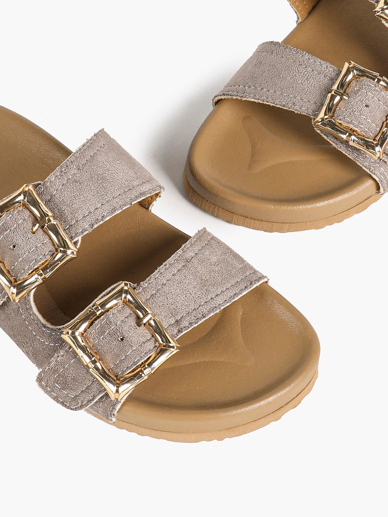 Taupe Suede Two-Strap Comfort Sandals with Gold Buckles