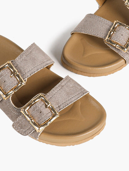 Taupe Suede Two-Strap Comfort Sandals with Gold Buckles
