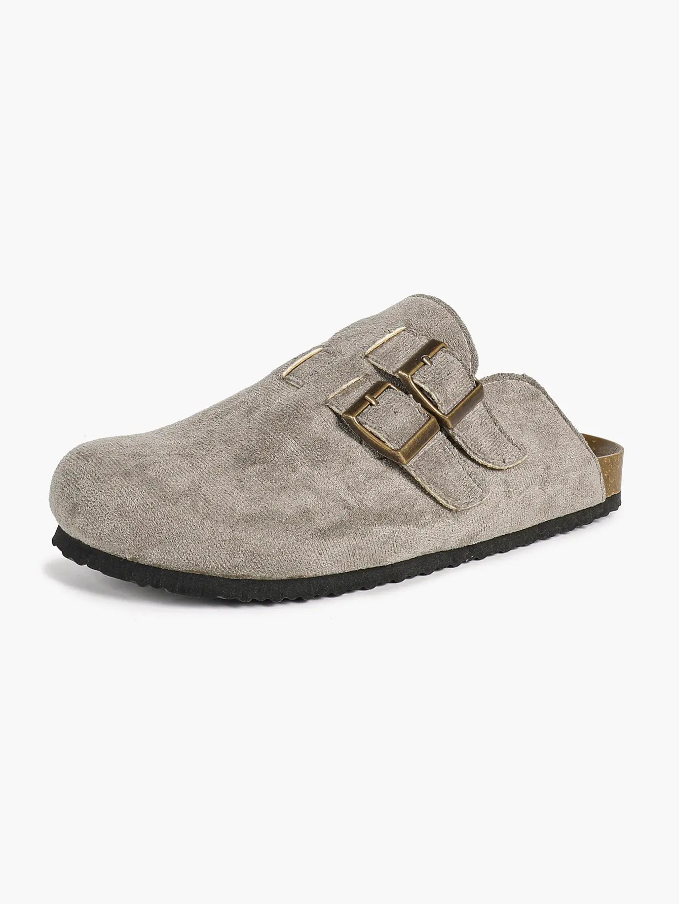 Gray Suede Double Buckle Boston Clogs  Closed Toe Cork Mule with Bronze Hardware YISHIFAN