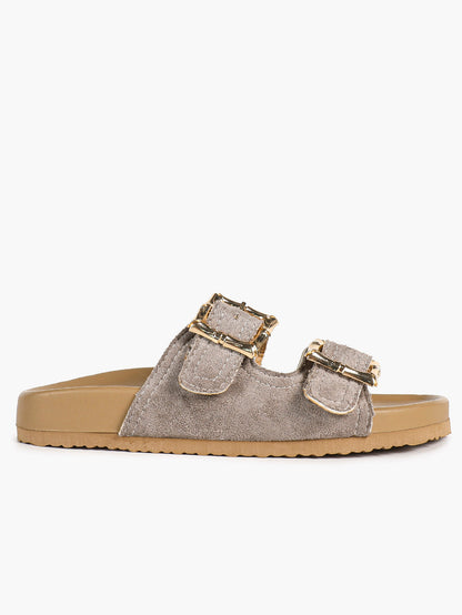 Taupe Suede Two-Strap Comfort Sandals with Gold Buckles
